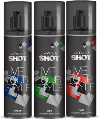 

Layer'r Shot Urban,Vive, Fury Fragrance Body Spray Deodorant Spray - For Men(135 ml, Pack of 3)