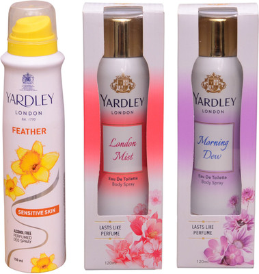 

Yardley London FEATHER::LONDON MIST::MORNING DEW Perfume Body Spray - For Women(390 ml, Pack of 3)