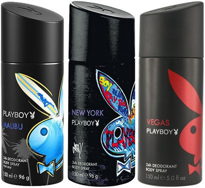 Playboy Malibu Newyork Vegas Body Spray - For Men(450 ml, Pack of 3)