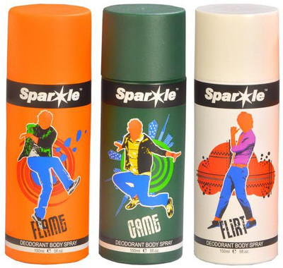 

Sparkle Flame, Game & Flirt (Set of 3) Deodorant Spray - For Men(450 ml, Pack of 3)