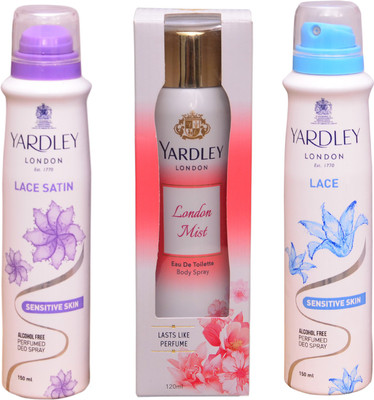 

Yardley London LACE SATIN::LONDON MIST::LACE Perfume Body Spray - For Women(420 ml, Pack of 3)