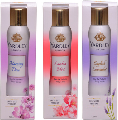 

Yardley London MORNING DEW::LONDON MIST::ENGLISH LAVENDER Perfume Body Spray - For Women(360 ml, Pack of 3)
