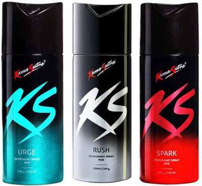 

KamaSutra SPARK(150ML), URGE(150ML) & RUSH(150ML) Deodorant Spray - For Men(450 ml, Pack of 3)