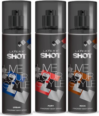

Layer'r Shot Urban, Fury, Rock Fragrance Body Spray Deodorant Spray - For Men(135 ml, Pack of 3)