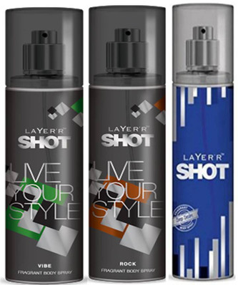 

Layer'r Shot Vive, Rock,Deep Desire Fragrance Body Spray Deodorant Spray - For Men(135 ml, Pack of 3)