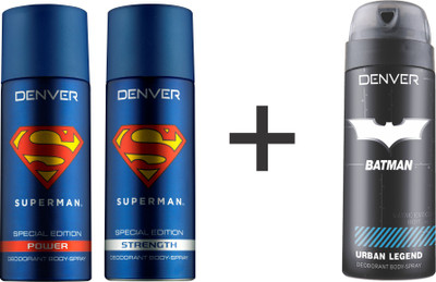 

Denver Superman Power & Strength and Batman Urban Legend Deodorant Spray - For Men(450 ml, Pack of 3)