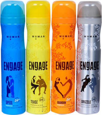 Engage SPELL,TEASE,ABANDON,DRIZZLE Deodorant Spray - For Women(600 ml, Pack of 4)