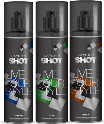 

Layer'r Shot Urban,Vive, Rock Fragrance Body Spray Deodorant Spray - For Men(135 ml, Pack of 3)