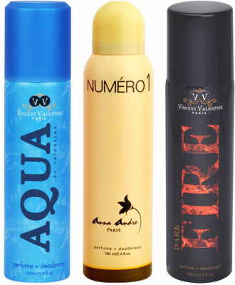 

Anna Andre Paris Aqua De Valentine, Numero & Dark Fire Body Spray - For Men & Women(160 ml, Pack of 3)