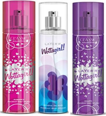 Layer'r Layer'r Wottagirl Romance, Mystic Island, Heaven Body Spray(Set of3) 135 ml Each Deodorant Spray  -  For Women(135 ml, Pack of 3) at flipkart