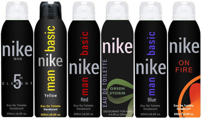 

Nike 5th Element Basic Yellow Basic Blue, Red Green Strom On Fire Body Spray - For Men(1200 ml, Pack of 6)