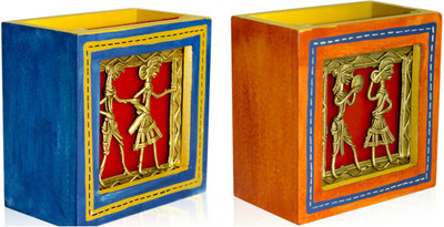 

VarEesha 2 Compartments Wooden Pen Stand(Blue)