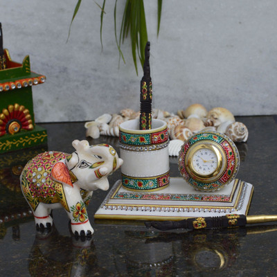 

eCraftIndia Combo - With Clock and Saluting Elephant 1 Compartments Makrana Marble Pen Stand(Multicolor)