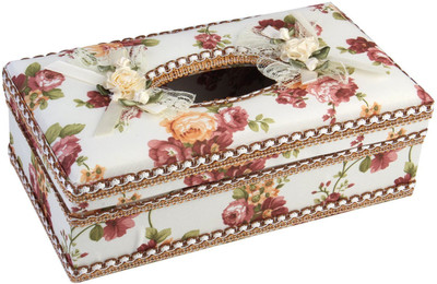 

7Trees 1 Compartments Hi Quality Plastic with Floral Decorative Cloth Covered Tissue Holder Box(Cream)