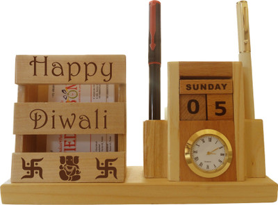 

Tied Ribbons 8 3 Compartments wooden Clock Pen stand(Wooden)