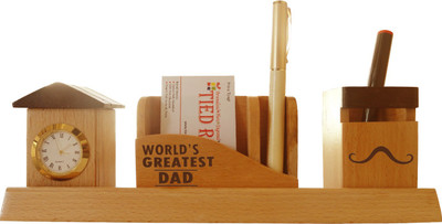 

Tied Ribbons Gift For World Greatest Dad 3 Compartments Wooden Pen Stand(Wooden Color)