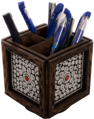 

eCraftIndia ESR009-Stationary 4 Compartments Wooden Pen Stand(Brown, Silver)