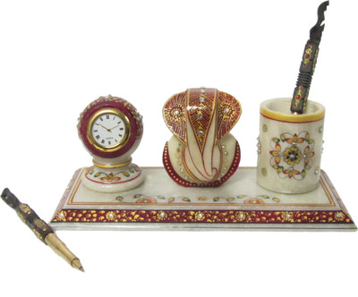 

eCraftIndia Lord Ganesha with Clock 1 Compartments Makrana Marble Pen Stand(Golden, Red)
