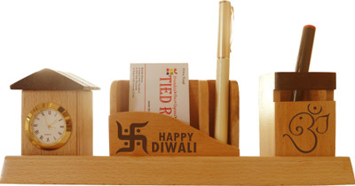

Tied Ribbons 11 3 Compartments wooden Happy Diwali Clock Pen stand(Wooden)