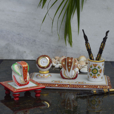 

eCraftIndia Papier-Mache Embossed 1 Compartments Makrana Marble Pen Stand(Multicolor)