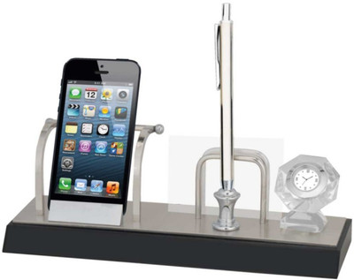 

Excelencia Modern Office 3 Compartments Metal Multi-Utility Desktop Organiser- Mobile Stand, Pen Stand, Clock And Visiting Card Holder(Silver)