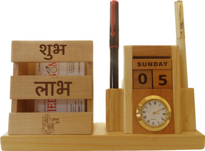 

Tied Ribbons 6 3 Compartments wooden Happy Diwali Clock Pen stand(Wooden)