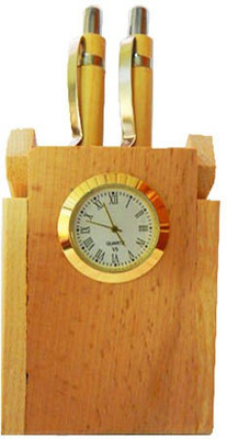 

Sasta 2 Compartments wooden pen holder with 2 pens and clock(Sandal)