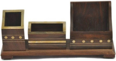 

Craftatoz 3 Compartments Wooden Mobile & Pen Holder(Brown)