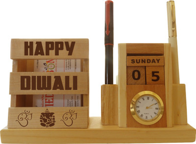 

Tied Ribbons 7 3 Compartments wooden Clock Pen stand(Wooden)