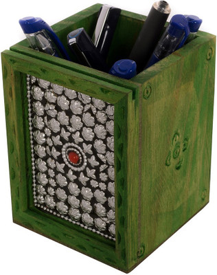 

eCraftIndia ESR009-Stationary 1 Compartments Wooden Pen Stand(Green, Silver)