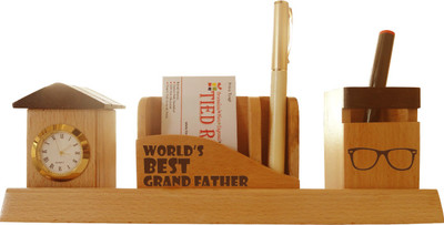 

Tied Ribbons Gift For World Best Grand Father 3 Compartments Wooden Pen Stand(Wooden Color)
