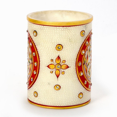 

Creative Handicraft Hand Painted Floral Gold Minakari Marble Pen Stand Decorative Showpiece - 13 cm(Stoneware, White)