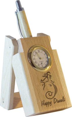 

Tied Ribbons 3 1 Compartments wooden Happy Diwali Clock Pen stand(Wooden)