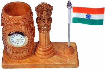 

Craft Trade 1 Compartments White Wood, Stainless steel Pen Stand Pawati with National Flag, Ashok Pillar and Analog Watch(4 in 1)(Light Brown)