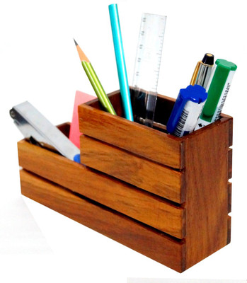 

D'sign Lab 2 Compartments Wooden Desk Organizer/Pen Holder(Brown)