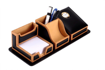 

SAW LEATHER GOODS 6 Compartments Leatherette Desk Orzanizer with a clock(Black, Brown)