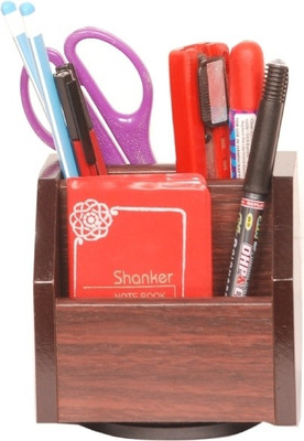 Homeshopeez One 4 Compartments Wood Pen Stand(Brown)