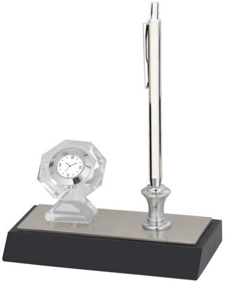 

Excelencia Modern Office 1 Compartments Metal Crystal Table Clock with a Pen Stand and a Pen(Silver)