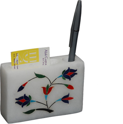 

Mne 3 Compartments marble pen stand with card holder(White)