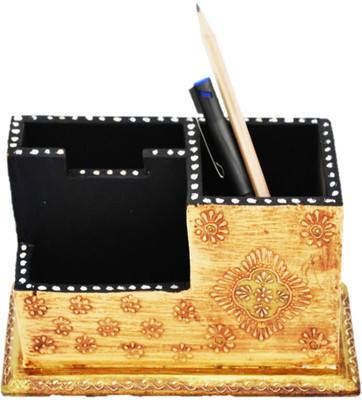 

Artlivo Desk Organizer 3 Compartments Wood Pen Stand(Ivory, Golden)