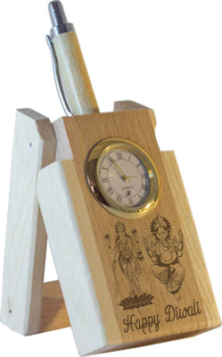 

Tied Ribbons 4 1 Compartments wooden Happy Diwali Clock Pen stand(Wooden)