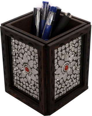 

eCraftIndia ESR009-Stationary 1 Compartments Wooden Pen Stand(Brown, Silver)