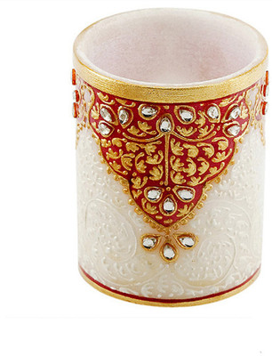 

eCraftIndia Kundan Embossed 1 Compartments Makrana Marble Pen Stand(Red, Golden)