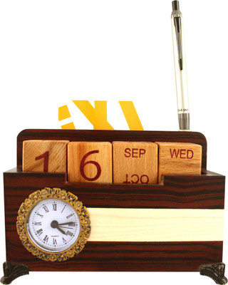 

Radiusin Clock and Date 3 Compartments Wooden Pen Stand(Brown)