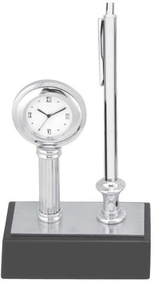 

Excelencia Modern Office 1 Compartments Metal Table Clock with Pen and a Pen Stand(Silver)