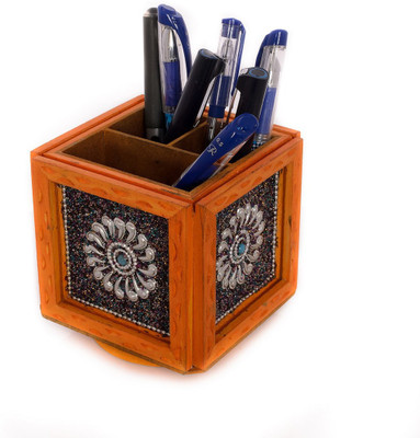 

eCraftIndia ESR009-Stationary 3 Compartments Wooden Pen Stand(Yellow, Silver)