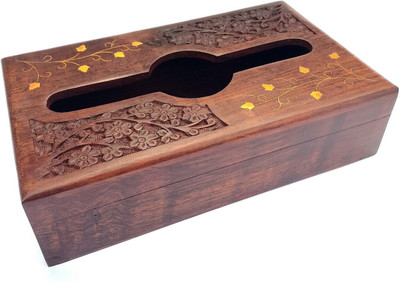 TimberKart 1 Compartments Sheesham Wood & Brass, Hand Carved Napkin Holder, Tissue Paper Box(Brown)