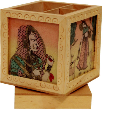 Craft International Carved 3 Compartments Wood Pen Holder(Cream)