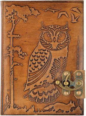Hare Krishna Handicrafts Owl in forest emboss handmade leather dairy with lock, 7x5 Inch Regular Diary Unruled 144 Pages(Tan)