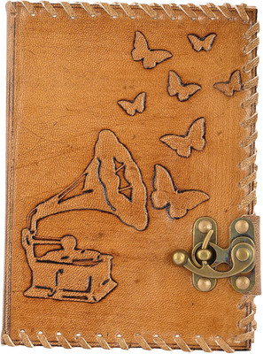 Hare krishna Handicrafts Regular Diary Gramophone butterfly handmade paper leather diary notebook with lock leather stitching , 7x5 inch, Tan